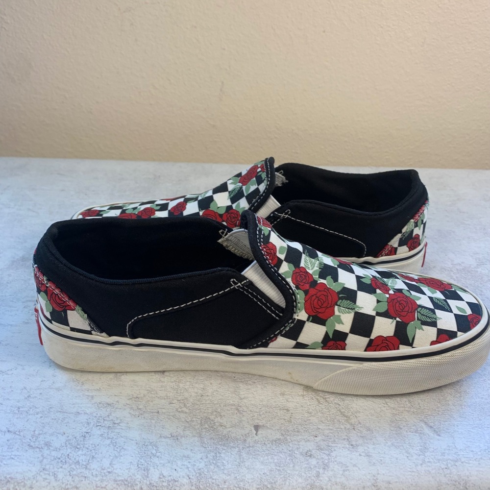Vans Asher Womens 8 Rose Checkerboard Floral Slip On Sneakers Black White Red - Picture 4 of 10